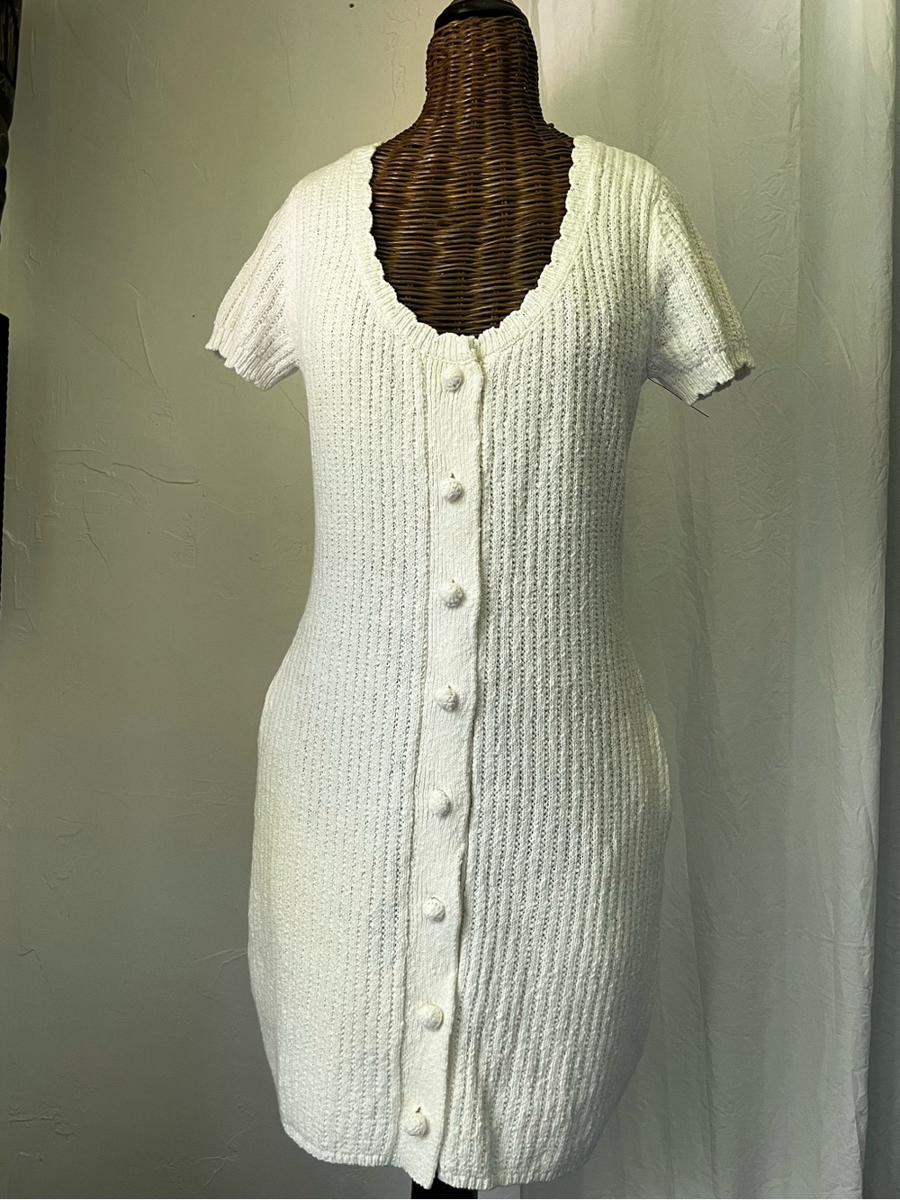 White Knit Button-Front Short Sleeve Dress.